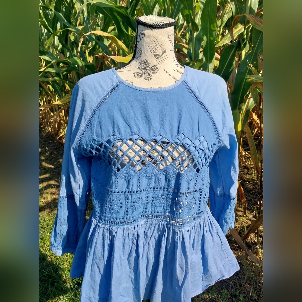Blue Chambray Women's Top with Lace Detailing